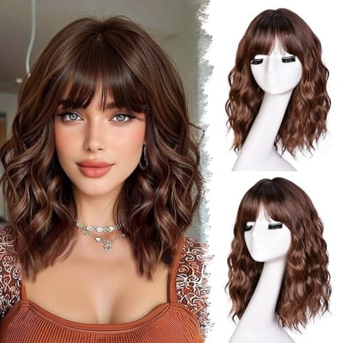 CoCrowns Short Bob Wavy Wigs for Women 18Inch Wig with Bangs for Black Women Shoulder Length Bob Hair Style for Halloween& Cosplay and Daily (Highlight Brown)
