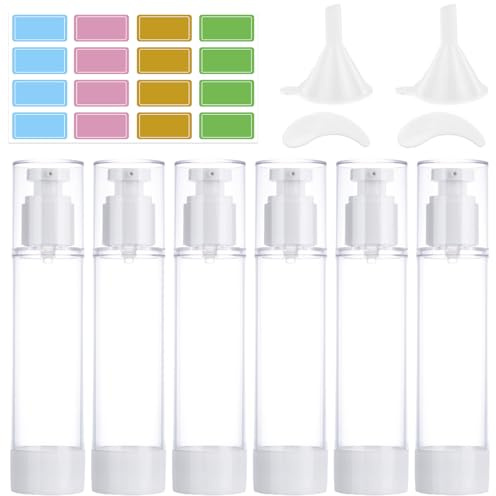 6 dispensadores de 100 ml sin aire, dispensador de crema, vacío, rellenable, botellas de viaje al vacío para rellenar con pegatinas, espátulas para viajes, lociones, champú, cosméticos
