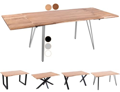 SAM Baumkantentisch 120 (200) x 90 cm Avino, Akazienholz naturfarben & massiv, Esszimmertisch mit 2 Ansteckplatten, Silbernes Vierfuß-Metallgestell, Esstisch ausziehbar 4-6 Personen