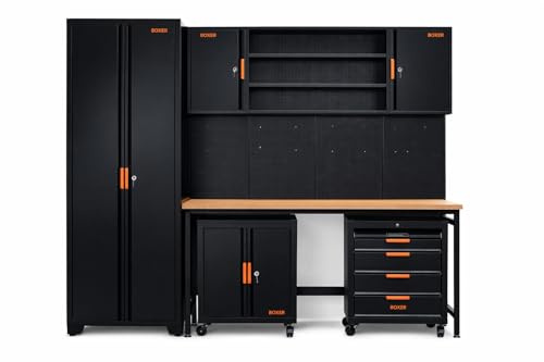 Set di postazione da lavoro Boxer® - Attrezzatura per officina - incluso banco da lavoro, armadio alto, armadio superiore, carrelli e pareti per utensili - piedini regolabili in altezza - per garage e