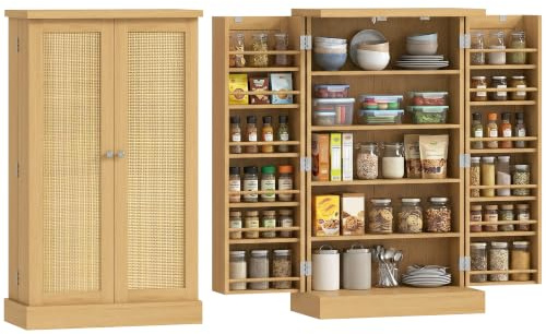 HOMCOM Küchenschrank mit 2 Türen, Verstellbaren Ablagen, 60 x 30 x 104 cm | Mehrzweckschrank, Vitrinenschrank mit Rattanoptik, 12 Gewürzfächern, Beistellschrank, für Wohnzimmer, Küche