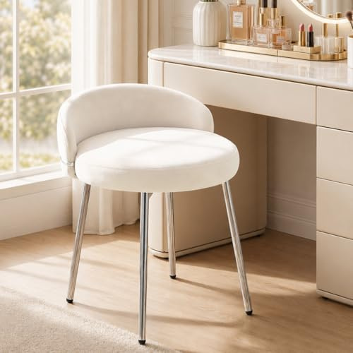 Hellove Cute Schminktisch Hocker, Kleiner Samt Schminkstuhl Armloser mit gewölbter Sitzfläche & Silber Metallbeinen, Sitzhocker Fußhocker Makeup-Hocker Stool für Schlafzimmer Wohnzimmer, Beige