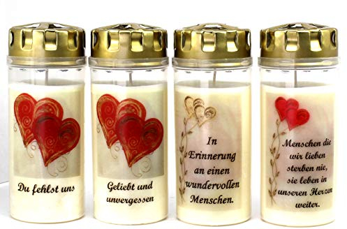 4 Grablichter, Grabkerzen 4er Set- 16x6 cm - 3964 - ca. 4 Tage Brenndauer je Grablicht, mit Sturmdeckel – Trauerkerze mit Spruch - Motivkerze - Gedenkkerze