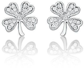 Diamond Treats Boucles d'Oreilles Argent en Trèfle à 4 Feuilles pour Femme, Boucles d'Oreilles Porte-Bonheur pour Femme et Jeune Fille, Boucles d'Oreilles Femme Argent, Or ou Or Rose
