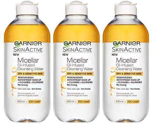 Garnier Micellar Water Oil Infused Facial Cleanser Dry and Sensitive Skin, Nourishing Waterproof Make-Up Remover and Cleanser 400 ml Pack of 3