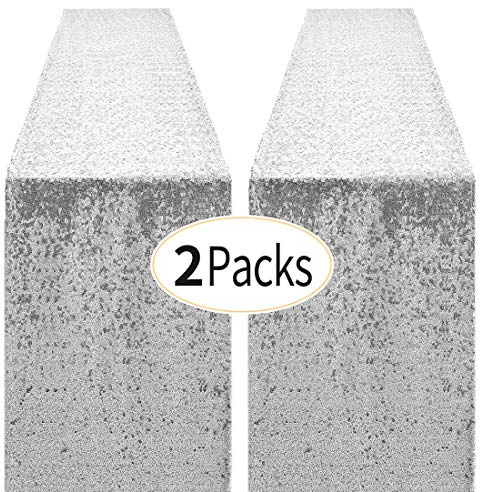 2 Packs 12 x 72 inches Silver Sequin Table Runner, Glitter Runner for Birthday Party Supplies Decorations Wedding Bachelorette Holiday Celebration Bridal Shower Baby Shower