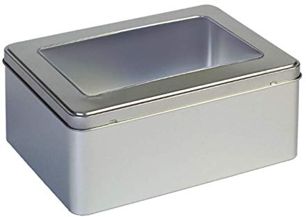 Silver Hinged Lid Biscuit Cookie Box Cake Tin Clear Window Lid - 22 cm