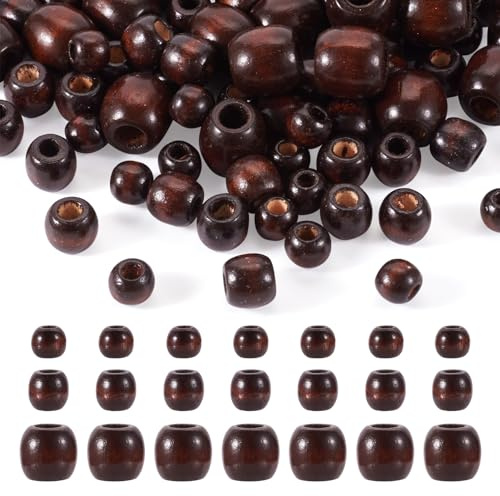PandaHall 300 perline in legno con foro grande, 3 stili marrone cocco, rondelle e barilotto, distanziatori in legno naturale, perline sciolte per fai da te macramè, bracciali, collane, gioielli