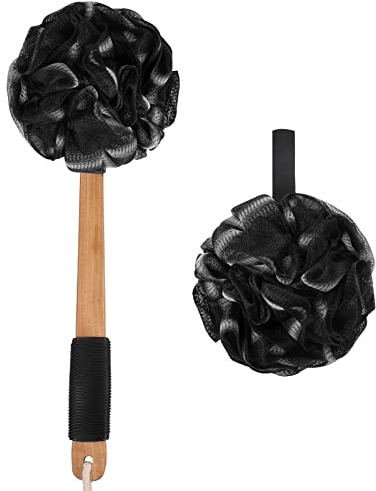 Pinenuts 2 Pack Back Scrubber, Loofah Bath Sponge, Exfoliating Shower Sponge Body Shower Scrubber Shower Brush with Long Wooden Handle for Women Men Clean Soothe Skin