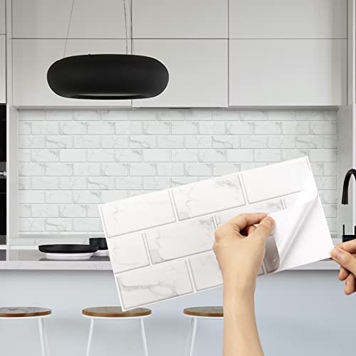 Fantasnight 12Pz Bianca Adesivi Piastrelle per Cucina e Bagno , Adesivo Mobili , Decorazione Murale in PET Impermeabile Mattonelle Mosaico Stile 30×15cm