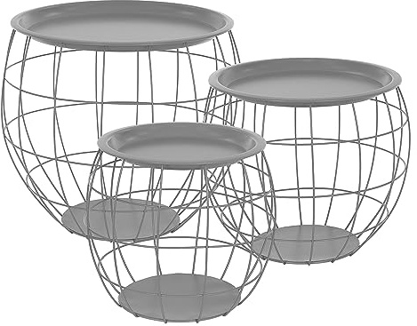ML-Design Beistelltisch 3er Set, rund, Grau, Metallkörbe Couchtisch 3 Größen Ø31cm/Ø38cm/Ø47cm, Metall, Abnehmbarer Tischplatte, Stauraum, 3-TLG. Wohnzimmertische Sofatische Kaffeetische Satztische