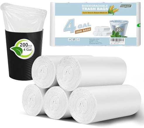 Small Trash Bags Bathroom Garbage Bags 4 Gallon, Inwaysin 15-20 Liter White Mini Trash Bags, Office Waste Basket Liners Compostable Plant Based Bin Bags, 200 Count