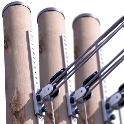 Sonnensegel Holzpfosten Set: aus Robinie höhenverstellbar 3m, inkl. Zubehör - 4-Fach Flaschenzug-Set & 0,75m Bodenhülse | Befestigung für sehr große Segel (100mm) (3er Set)