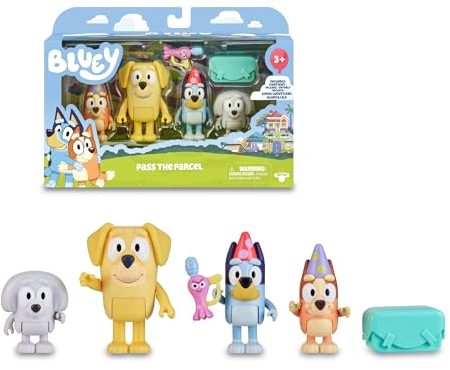 Bluey - Confezione da 4 figure di compleanno, figure articolate nuovi Amici pronti per il compleanno, bambole della serie per bambini, famose (BLY63200)