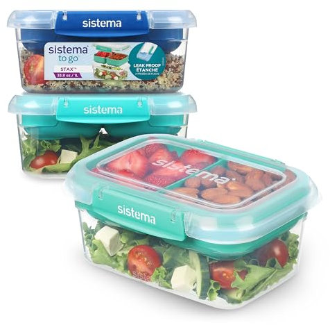 Sistema TO GO Stax Leakproof Food Storage Containers | 1 L | Airtight & Stackable Meal Prep Containers with Lids | Adult Lunch Boxes for OfficeSchool & More | BPA-Free | 3 Count