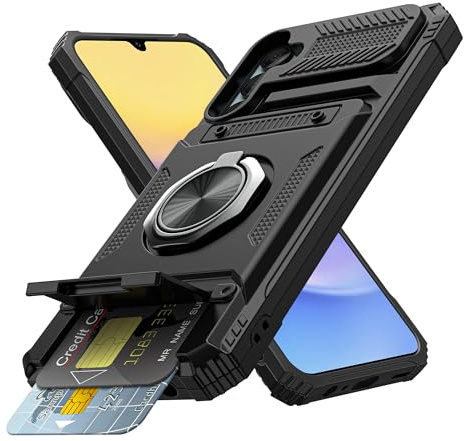 Coolden for Samsung A15 Phone Case with Card Holder [Max 2 Cards] Ring Kickstand Armor Shockproof Military Grade Heavy Duty Protective Case Wallet Case Cover for Samsung Galaxy A15 Phone Case-Black