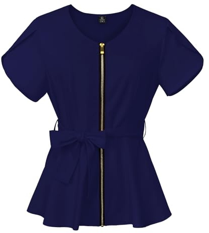 Scrubspro Scrub Tops for Woman - Stretch Womens Scrubs, Metal Zipper Scrubs Top with Belt, Women's Medical Scrub Shirts (Dark Blue,Small)
