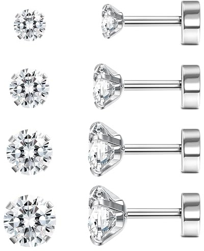 JeweBella G23 Titan allergivänliga platta baksida kubisk zirkonia knoppörhängen för kvinnor män – silver helix brosk tragus sovande för flera piercingar (4 par), 5 millimeters, Titan, Kubisk zirkonia
