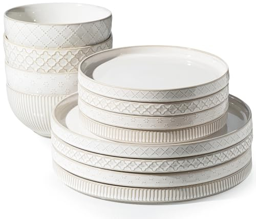Getstar Dinnerware Sets, Plates and Bowls Sets (10.5” Dish + 8” Dish + 6” Bowl) for 4, Microwave and Dishwasher Safe, Ceramic Dinnerware Set (12 Piece)
