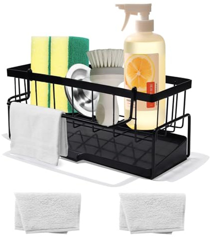 Mythosurge Kitchen Sink Caddy with 2Pcs Dishcloth and Dishcloth Holder, Sink Storage Rack, Stainless Steel Sink Tidy Organiser for Countertop Kitchen Storage & Organisation
