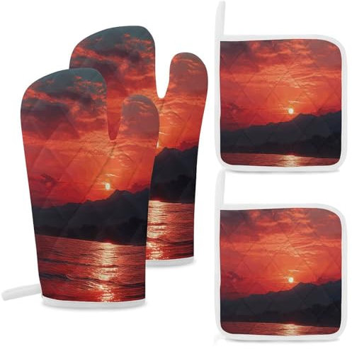Lot de 4 maniques et maniques de cuisine résistantes à la chaleur - Antidérapantes - Rouge vif - Coucher de soleil