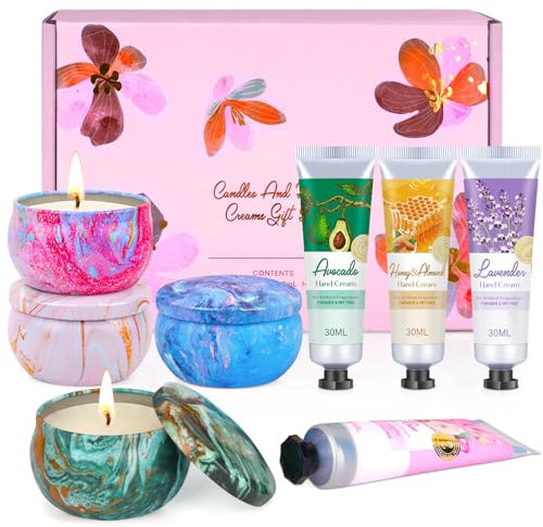Coffret Cadeau pour Femmes et Hommes - Bougies Parfumées 4 x 90g | Crème pour Les Mains 4 x 30g - Idée Cadeau de Noël pour Collègues, Mama, Petite Amie, Famille