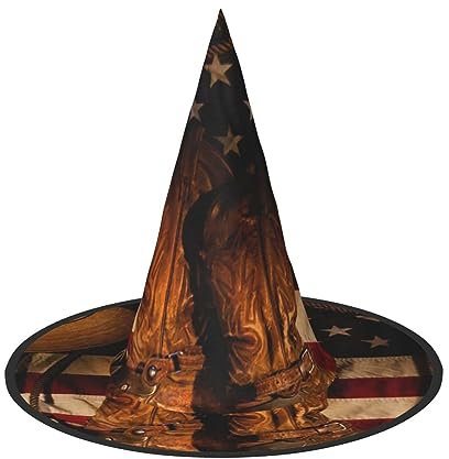 YFSGDLBN Amerikanische Flagge mit Cowboystiefeln, bedruckt, Halloween-Hut, Hexenhut, spitzer Hut, dekorativer Hut