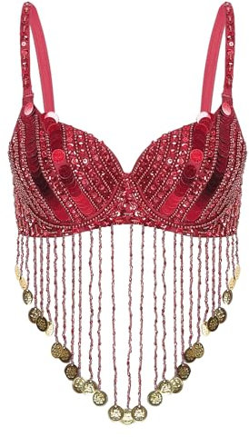 Freebily Damen Bauchtanz BH Pailletten Bra Mit Münze Perlen Fransen Sexy Glitzer Rumba Samba Oberteil Karneval Party Clubwear Tanzkleidung Top Rot Einheitsgröße