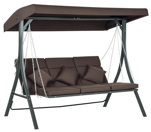 Outsunny Dondolo da Giardino 3 Posti con Tettuccio Parasole Regolabile e 3 Cuscini, Dondolo da Esterno con Seduta Traspirante in Texteline e Metallo, Portata Fino a 270 kg, 198x118x168 cm, Marrone