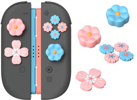 JINGDU Thumb Grips & Button Caps Set Compatible with Nintendo Switch 2 (2025) – 7pcs Pink/Blue Flower Silicone Joystick Caps and Button Covers,Cute & Comfortable Controller Stick Gifts for Girl & Kids