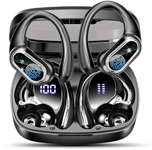 Ecouteurs Bluetooth Sans Fil Sport, Oreillette Bluetooth 5.3 Sans Fil Avec 4 Enc Mic, Ip7 Étanche Casque Avec Crochets D'oreille, 50H Écouteurs Avec Écran Led, Earbuds Hifi Stereo, Usb C, Noir