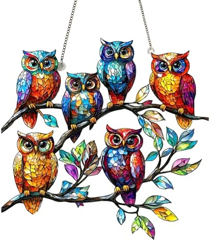 Owl in Stained Glass Window Ornament, Owl Bird Stained Glass Window Hanging Suncatcher, Bird Decor Wall Art, Owl Christmas Decoration for Living Room Bedroom Kitchen (Owl)