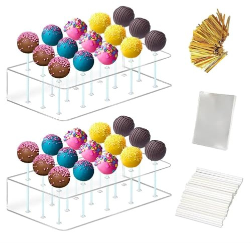 Tel Charme * 2 Pack Acrylic Cake Pop Stand, 15-Hole Lollipop Display Holder with 100 Pcs Sticks, 100 Pcs Clear Treat Bags & 100 Pcs Gold Twist Ties for Candy, Wedding, Birthday Parties