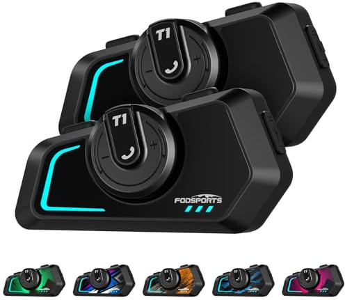 Fodsports T1 Motorrad Headset mit Musik Teilen, FM-Radio, Headset Motorradhelm für bis zu 2 Motorräder mit 1000m, HiFi-Stereosound, 3 Funktionsmodi, IP67 Wasserdicht, 2PACK
