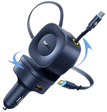 Baseus 240W einziehbares Autoladegerät USB C Schnellladung, VR2 Max 4 in 1 Schnellladegerät mit Dual einziehbarem USB C Kabel für iPhone 16 15 14 Pro Max, Samsung Galaxy S25 Ultra, Android, iPad