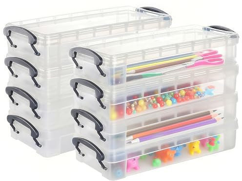Houbobo Pencil Case Plastic Pouch Box Storage Organizer for Beads, Pens, and Art Supplies, Stackable Clear Container with Snap Lid for Jewelry, Stickers and Tackle Box (21 x 10 x 4cm, 8 Pack)