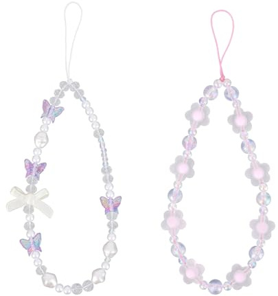 SAVITA 2pcs Bracelet Téléphone Perles, Dragonne Téléphone Perle Papillon et Fleur en Cristal pour Sac Appareil Photo Étui Écouteurs Décoration(Blanc et Violet)