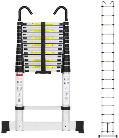 Cecaylie Teleskopstege i aluminium, 4,4 m, utdragbar stege med stabilisator och avtagbar krok, halkfri aluminiumstege stående stege, multifunktionsstege, 150 kg lastkapacitet