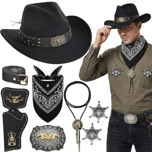 Saier tbo 8 Stück Western Cowboy Kostüm für Herren, Retro Cowboy Accessoire Set mit Cowboyhut Halskette Gürtel Holster Gürtelschnalle Bandana Abzeichen für Erwachsener Karneval Halloween MottoParty