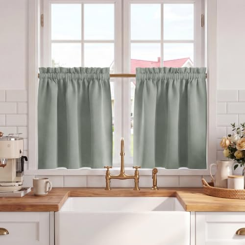 KGORGE Schrankvorhang Modern Scheibengardinen Blickdicht Bistrogardine Kurz | Salbeigrün, H90 x B90 cm, 2er Set, Verdunklungsvorhänge Kurz, Scheiben Gardinen mit Stangendurchzug, für Schrank/Küche