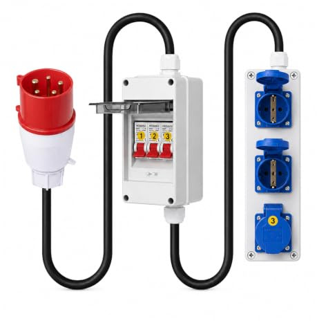 CEE Adapter 32A to 16A - 5P 380V CEE Plug to 3X 220V Schuko - IP65/IP54 Waterproof High Current Socket with 3x 16A Circuit Breaker - Construction Power Distributor