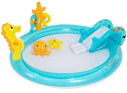 COSTWAY Inflatable Play Center, Marine Life Spray Paddling Pool with Slide & Sprinkle, Outdoor Kids Oval Wading Swimming Pool Children Summer Water Park (178 x 157 x 67.5cm, Seahorse-Themed)