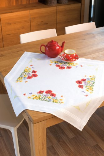 Vervaco Kreuzstich Stickpackungen Tischdecke Frühling blumen Stickdecken Vorgezeichnet Basteln Erwachsene Kreativ Set Vorgedruckte Decke Sticken 80 x 80 cm Stickset DIY Sticken Set