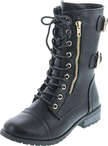 Forever Women's Mango-71 Faux Leather Military Style Ankle Boots Thick Sole Buckles,Black,9
