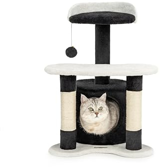 lionto Kratzbaum mit Höhle, Plateau & viel Sisal, Höhe 65 cm, Schwarz/Weiß | Kleiner Katzenbaum mit Plüschball, Höhle & Liegefläche zum Klettern, Spielen, Verstecken, Ausruhen und zur Krallenpflege