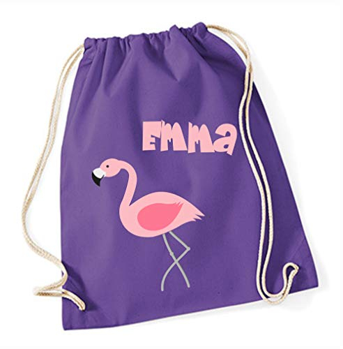 minimutz Turnbeutel mit Namen | Motiv Flamingo Vogel | inkl. NAMENSDRUCK | Stoffbeutel Hipster-Rucksack für Kinder & Mädchen in rosa pink lila (lila)