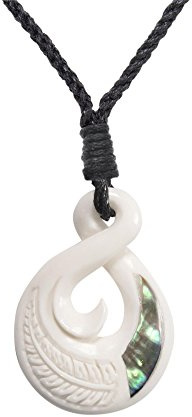 81stgeneration Single Twist Pikorua Koru Carved Bone Pendant with Fern Leaf Engraving and Abalone Shell - Men's Hawaii Necklace - Surfer Accessories - Handmade Tribal Necklaces for Women