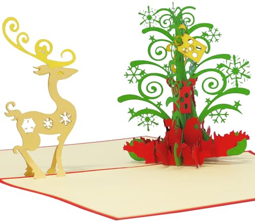 LINPOPUP® Pop - Up Karte Weihnachten 3D – Tannenbaum Rentier – 3D Weihnachtskarte - aufklappbare Grußkarte – Winterliches Motiv, N451