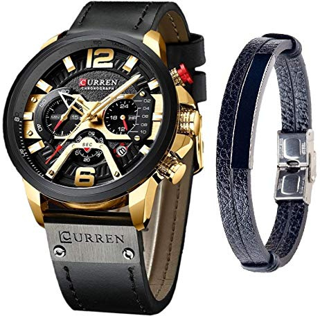 CURREN Herren-Armbanduhr, Quarz, Leder, Chronograph, Armbanduhr und modisches Armband, analoge Uhren für Herren, luxuriöse Armbanduhr, Geschenke für Vater, Freund, Gold, Quarzuhr, Chronograph
