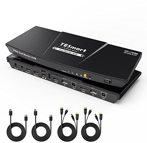 TESmart Commutateur KVM DisplayPort + HDMI 2 PC 2 écrans 4K@60Hz KVM Dual Monitor 2 ports mode étendu émulation EDID USB 2.0 audio L/R raccourcis clavier
